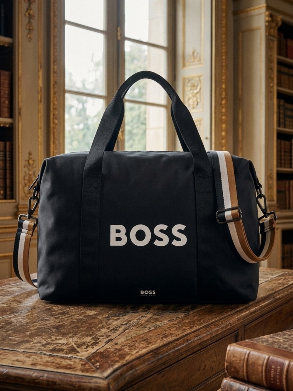 Ace!Hugo Boss Black Duffel Bag with White Logo and Royal Blue brown white strap
